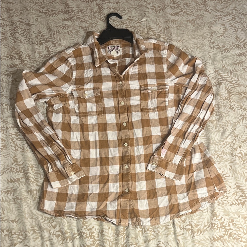 Old Navy Brown and White Plaid Button Down Shirt